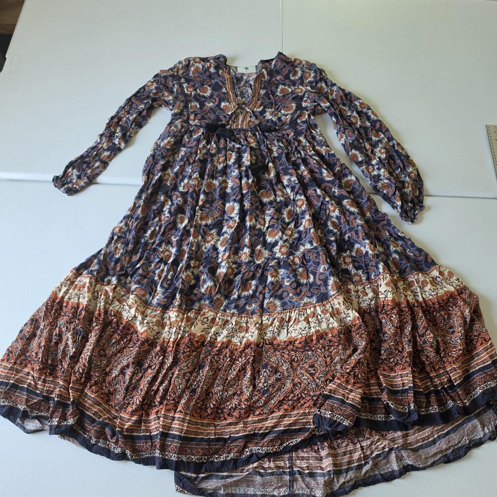 Olivaceous Dress Womens Small Brown Blue Floral Boho Maxi Tassel Tie Peasant